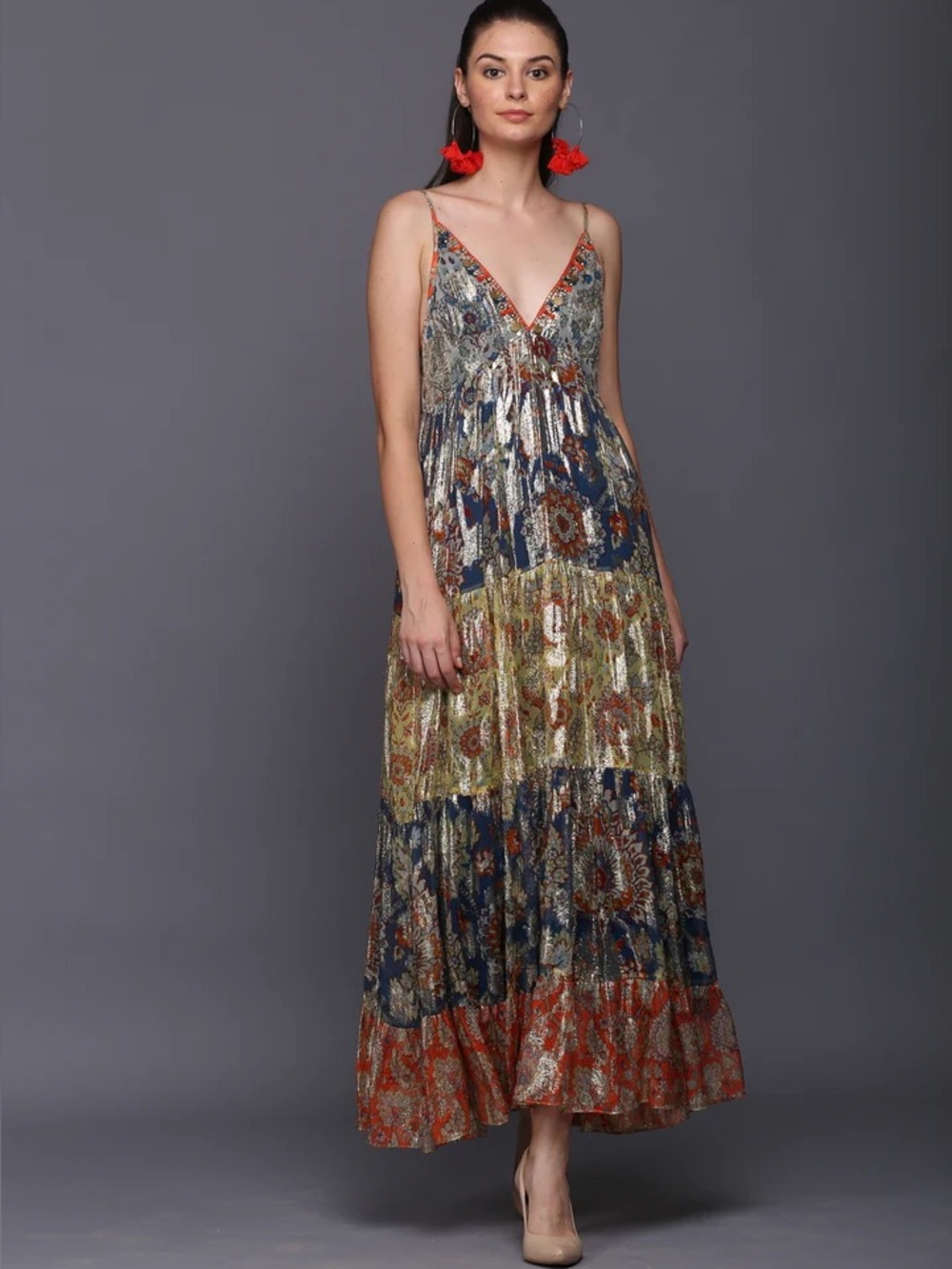 Anthropologie Verb by Pallavi Singhee Echo Tiered Maxi Dress Metallic Print SZ 6